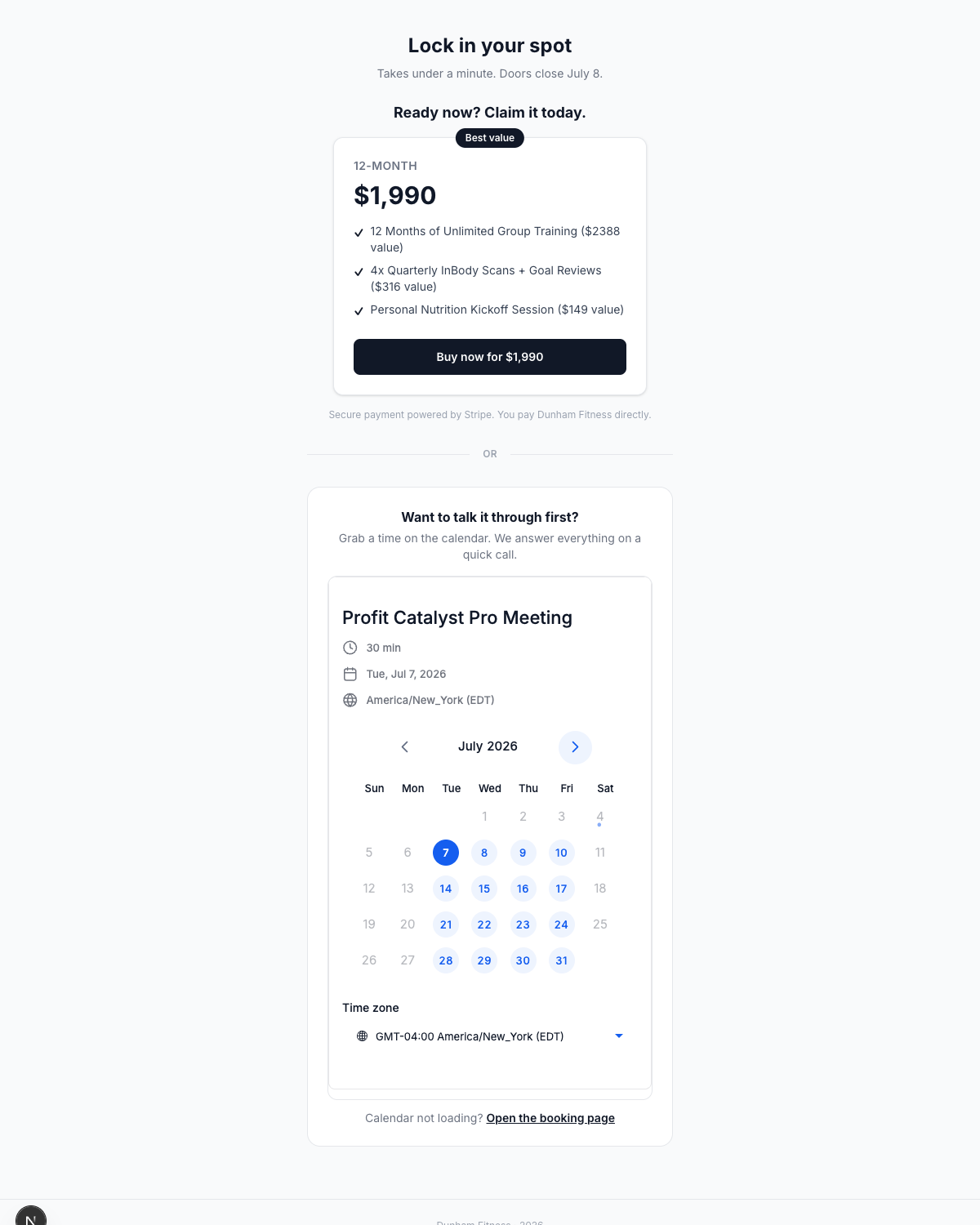 A hosted funnel page where the buyer chooses: pay now on the page or book a call on the embedded calendar